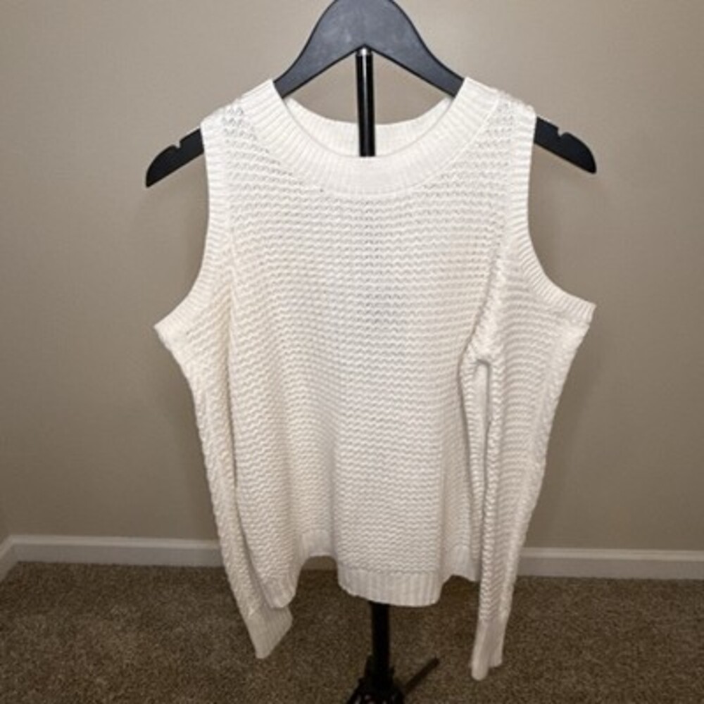LOFT Women's White Knit Cold Shoulder Pullover Sweater‎ Crew Neck M